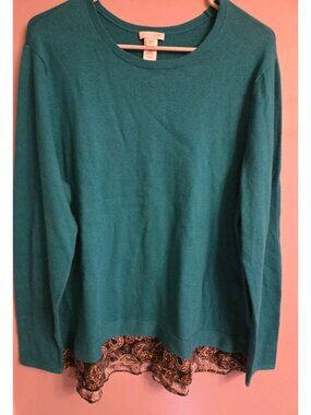 J. Jill Button Back Paisley Hem Sweater Womens Size L Green Pullover